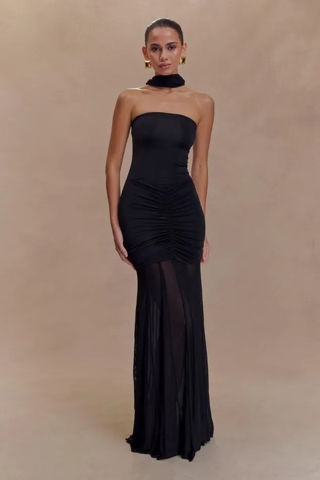Women Meshki Dresses Caspian Slinky And Mesh Off Shoulder Maxi Dress 8211 Black