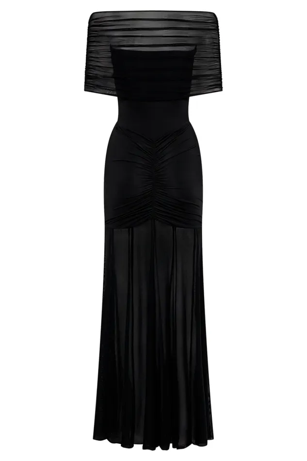 Women Meshki Dresses Caspian Slinky And Mesh Off Shoulder Maxi Dress 8211 Black