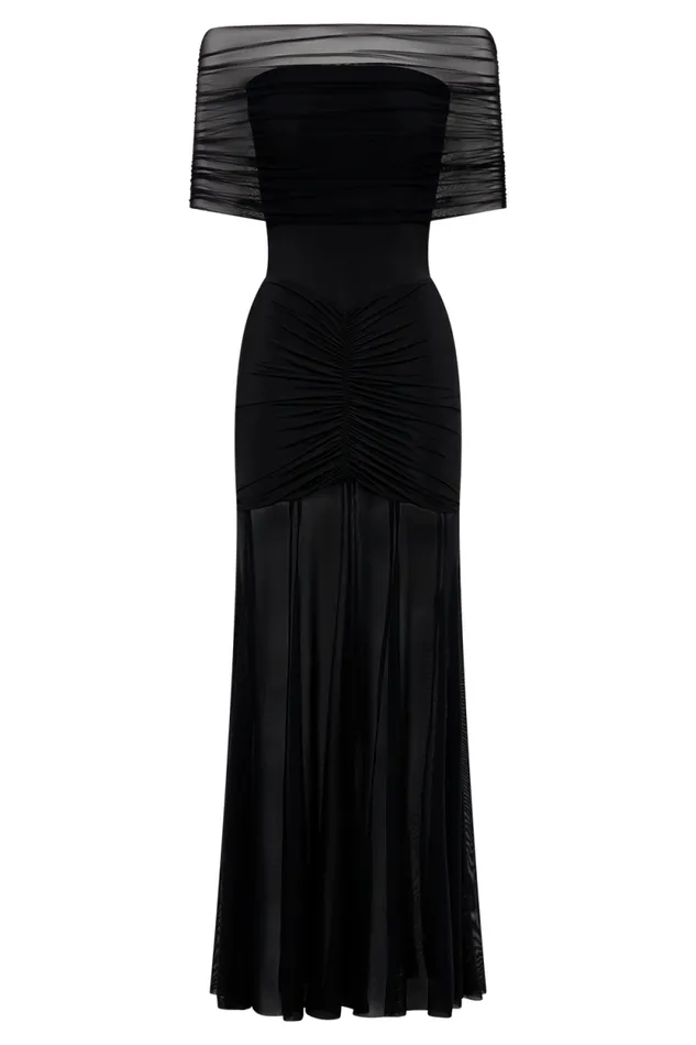 Women Meshki Dresses Caspian Slinky And Mesh Off Shoulder Maxi Dress 8211 Black