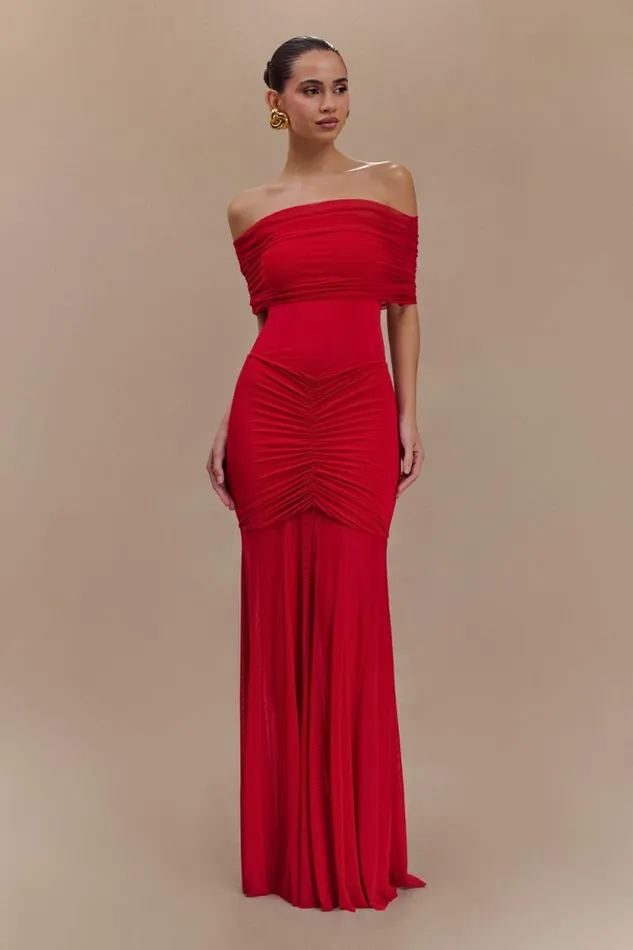 Women Meshki Dresses Caspian Slinky And Mesh Off Shoulder Maxi Dress 8211 Ruby