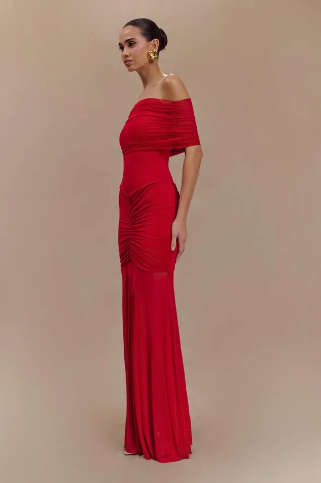 Women Meshki Dresses Caspian Slinky And Mesh Off Shoulder Maxi Dress 8211 Ruby
