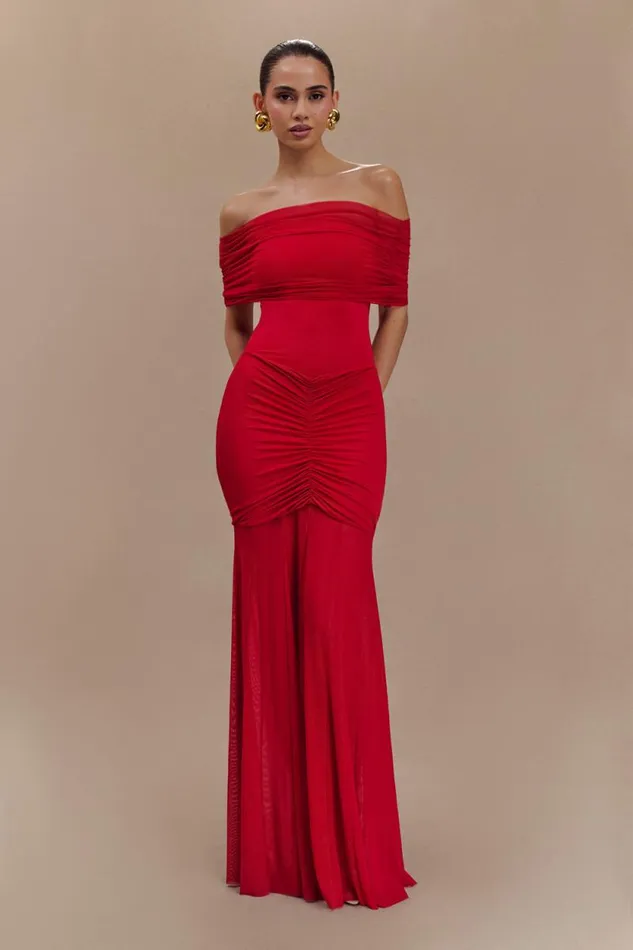 Women Meshki Dresses Caspian Slinky And Mesh Off Shoulder Maxi Dress 8211 Ruby