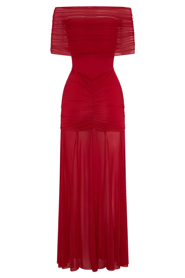 Women Meshki Dresses Caspian Slinky And Mesh Off Shoulder Maxi Dress 8211 Ruby