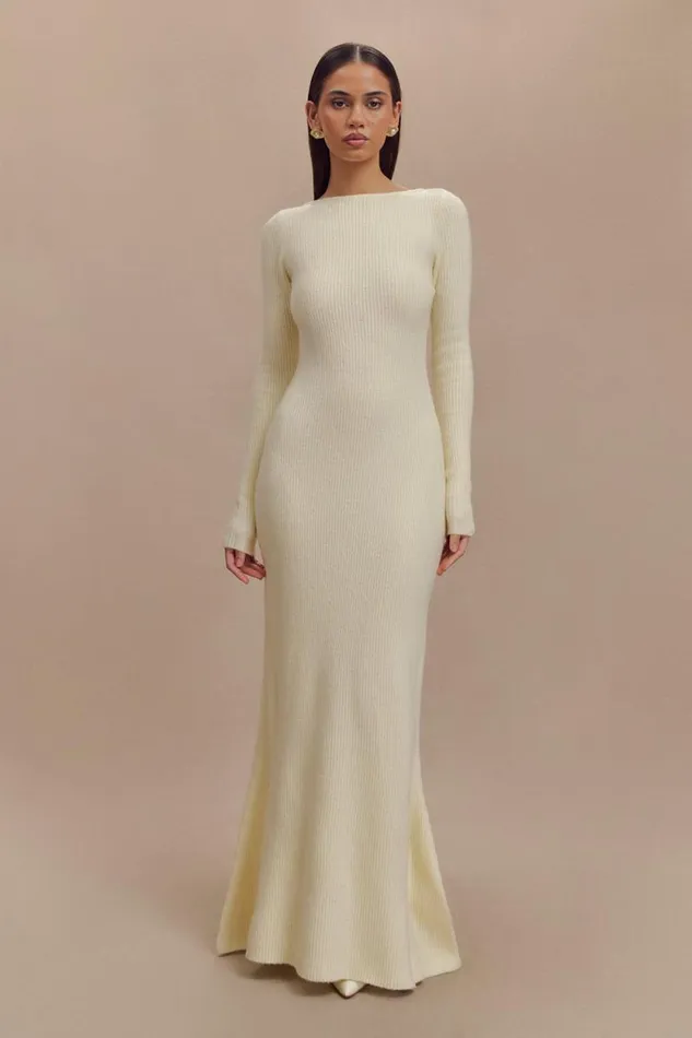 Women Meshki Dresses Emily Long Sleeve Knit Maxi Dress 8211 Ivory Marle