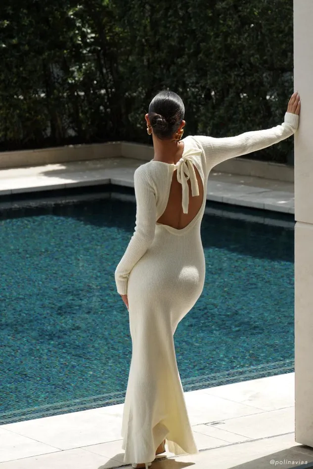 Women Meshki Dresses Emily Long Sleeve Knit Maxi Dress 8211 Ivory Marle