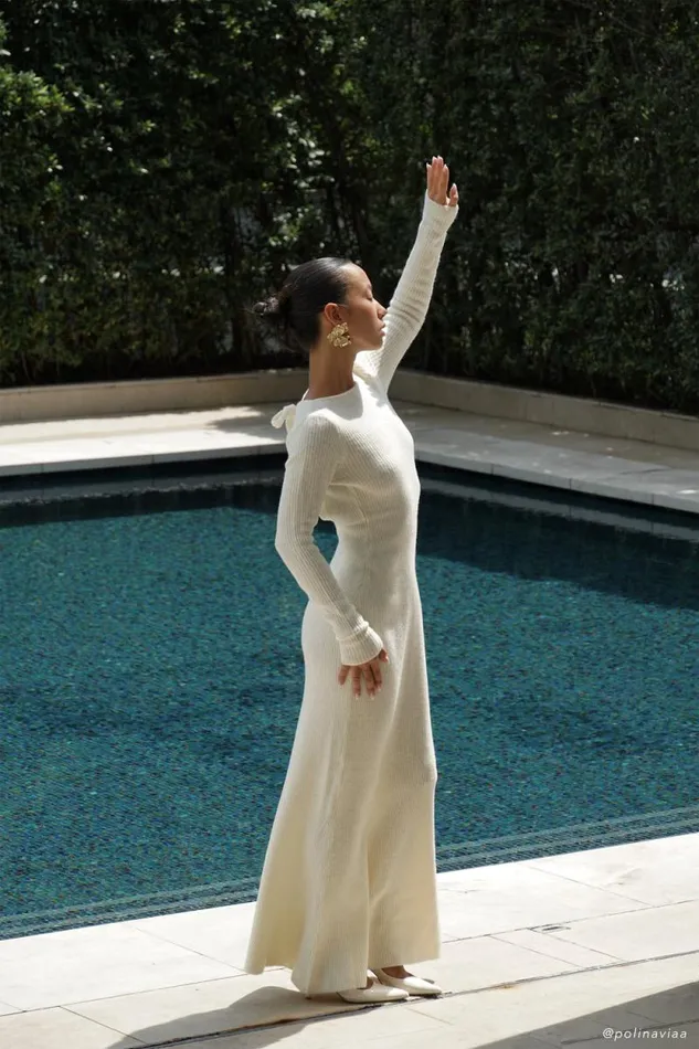 Women Meshki Dresses Emily Long Sleeve Knit Maxi Dress 8211 Ivory Marle