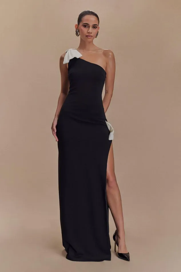 Women Meshki Dresses Hallie One Shoulder Bow Maxi Dress 8211 BlackWhite