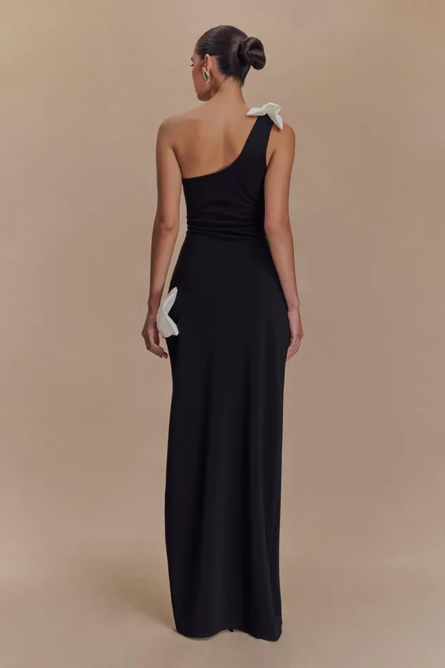 Women Meshki Dresses Hallie One Shoulder Bow Maxi Dress 8211 BlackWhite
