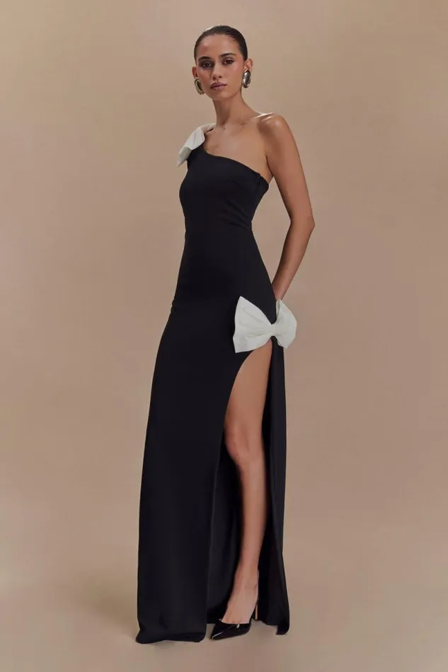 Women Meshki Dresses Hallie One Shoulder Bow Maxi Dress 8211 BlackWhite