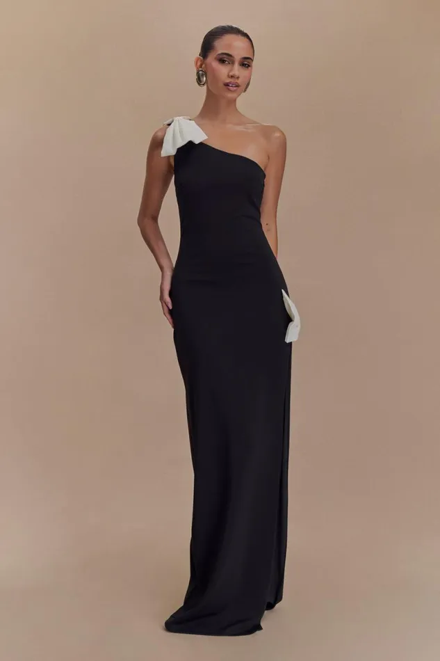 Women Meshki Dresses Hallie One Shoulder Bow Maxi Dress 8211 BlackWhite