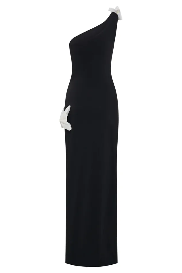 Women Meshki Dresses Hallie One Shoulder Bow Maxi Dress 8211 BlackWhite