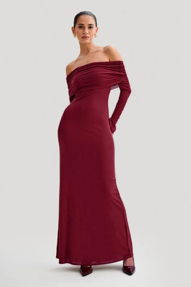 Women Meshki Dresses Josie Off Shoulder Mesh Maxi Dress 8211 Wine