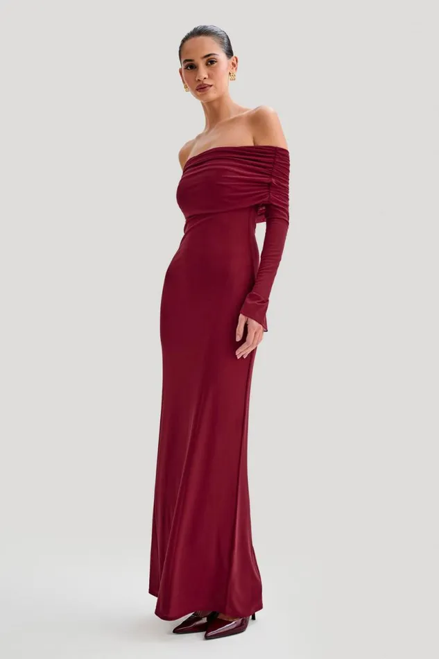 Women Meshki Dresses Josie Off Shoulder Mesh Maxi Dress 8211 Wine
