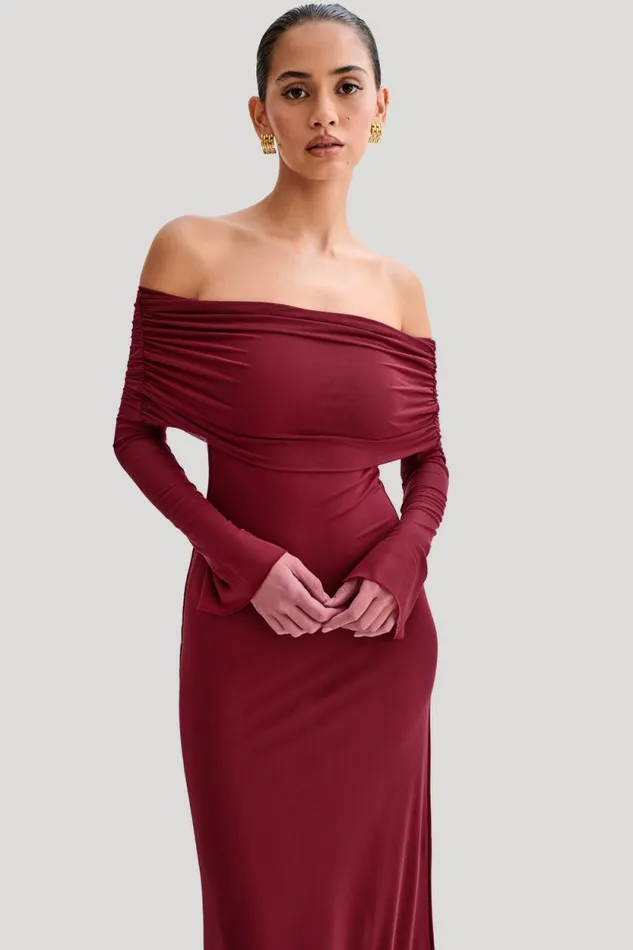 Women Meshki Dresses Josie Off Shoulder Mesh Maxi Dress 8211 Wine