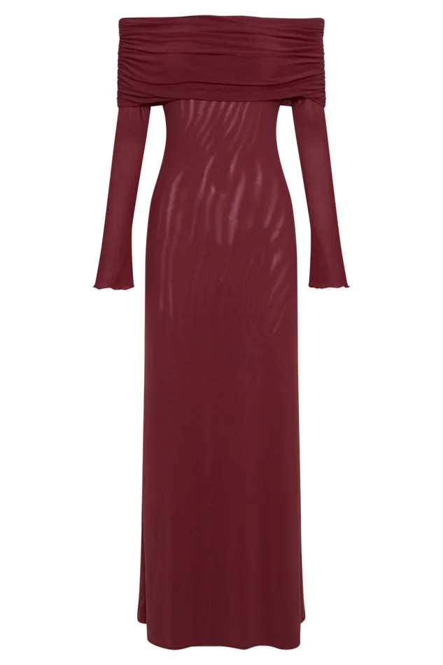 Women Meshki Dresses Josie Off Shoulder Mesh Maxi Dress 8211 Wine