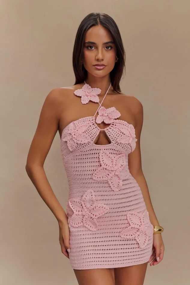 Women Meshki Dresses Kyla Floral Crochet Mini Dress 8211 Pink