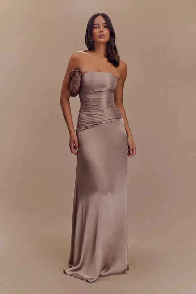Women Meshki Dresses Serena Strapless Taffeta Maxi Dress 8211 Bronze Taupe