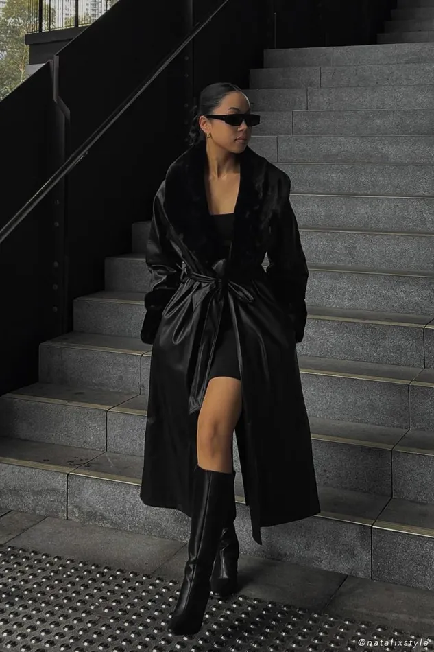 Women Meshki Outerwear Rebekah Oversized Pu Trench Coat With Fur Trim 8211 Black