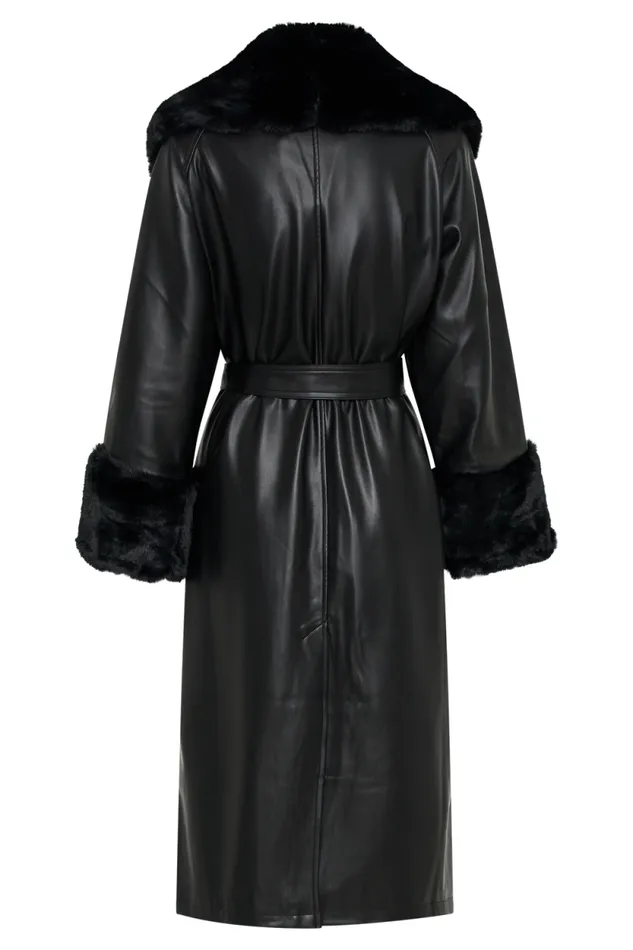 Women Meshki Outerwear Rebekah Oversized Pu Trench Coat With Fur Trim 8211 Black Women Meshki Outerwear Rebekah Oversized Pu Trench Coat With Fur Trim 8211 Black