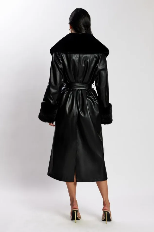 Women Meshki Outerwear Rebekah Oversized Pu Trench Coat With Fur Trim 8211 Black Women Meshki Outerwear Rebekah Oversized Pu Trench Coat With Fur Trim 8211 Black