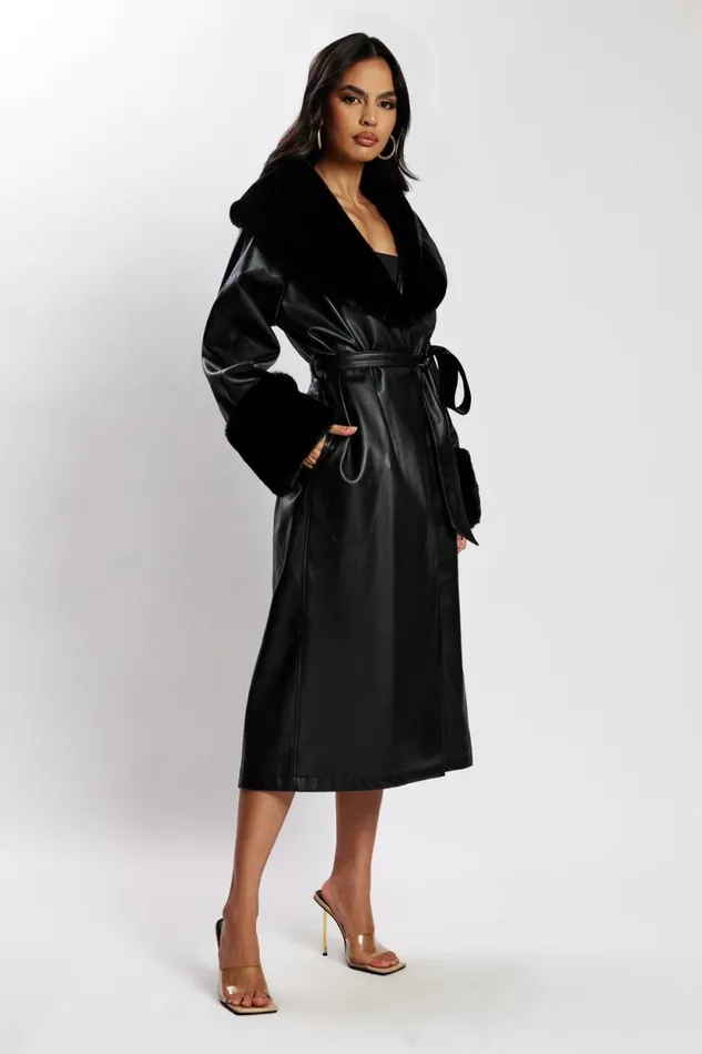 Women Meshki Outerwear Rebekah Oversized Pu Trench Coat With Fur Trim 8211 Black Women Meshki Outerwear Rebekah Oversized Pu Trench Coat With Fur Trim 8211 Black