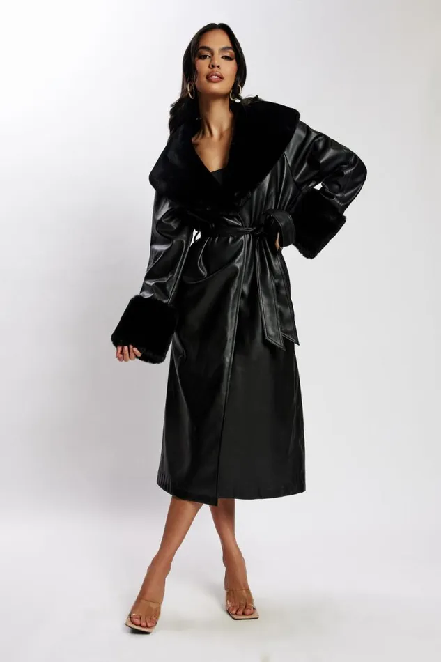 Women Meshki Outerwear Rebekah Oversized Pu Trench Coat With Fur Trim 8211 Black Women Meshki Outerwear Rebekah Oversized Pu Trench Coat With Fur Trim 8211 Black