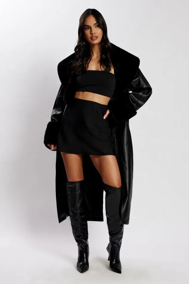 Women Meshki Outerwear Rebekah Oversized Pu Trench Coat With Fur Trim 8211 Black Women Meshki Outerwear Rebekah Oversized Pu Trench Coat With Fur Trim 8211 Black