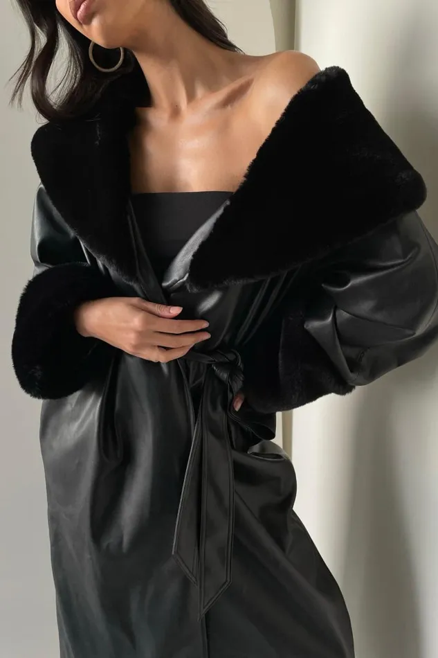 Women Meshki Outerwear Rebekah Oversized Pu Trench Coat With Fur Trim 8211 Black Women Meshki Outerwear Rebekah Oversized Pu Trench Coat With Fur Trim 8211 Black