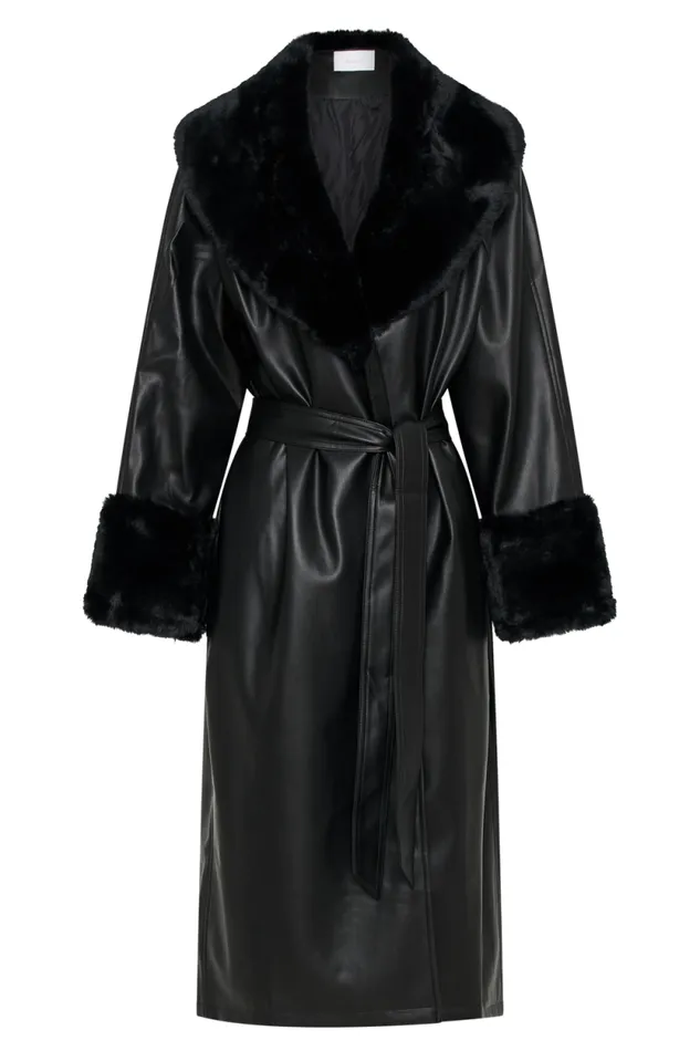 Women Meshki Outerwear Rebekah Oversized Pu Trench Coat With Fur Trim 8211 Black Women Meshki Outerwear Rebekah Oversized Pu Trench Coat With Fur Trim 8211 Black