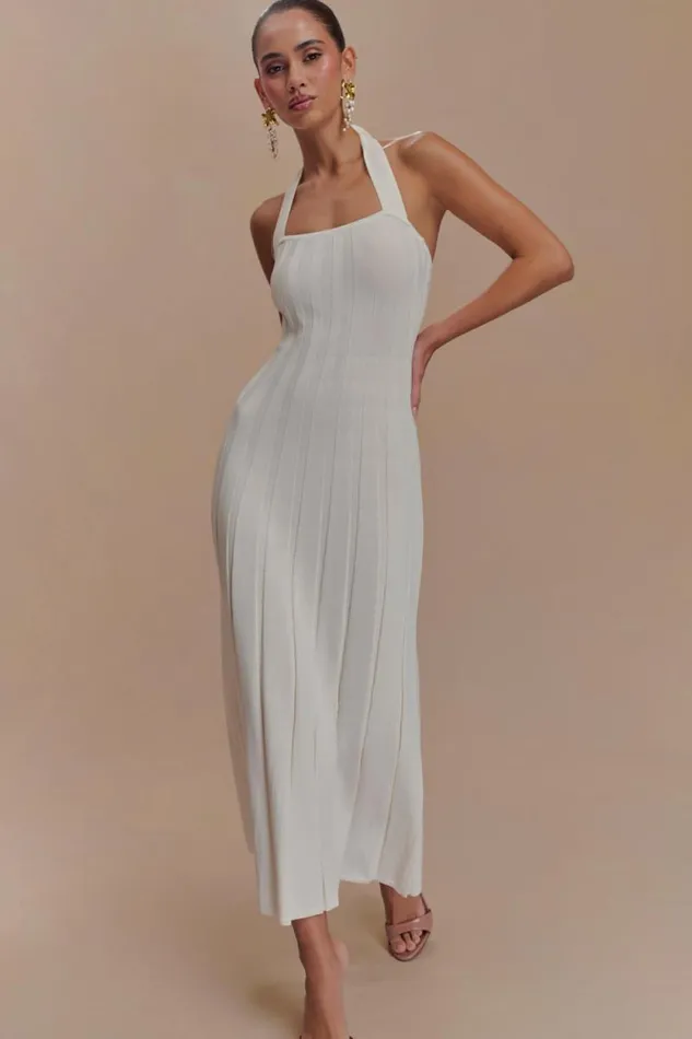 Women Meshki Shoes Jacqui Halter Knit Midi Dress 8211 Ivory