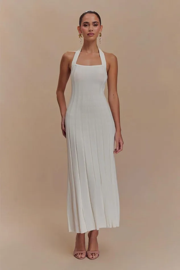 Women Meshki Shoes Jacqui Halter Knit Midi Dress 8211 Ivory