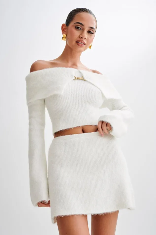 Women Meshki Tops Baxter Off Shoulder Fluffy Knit Top 8211 Ivory