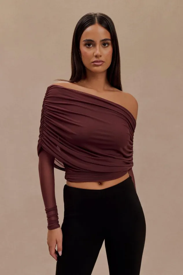 Women Meshki Tops Everly Sheer Mesh Off Shoulder Top 8211 Mahogany