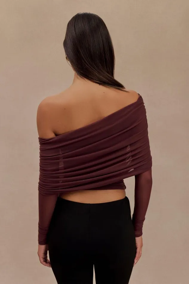 Women Meshki Tops Everly Sheer Mesh Off Shoulder Top 8211 Mahogany