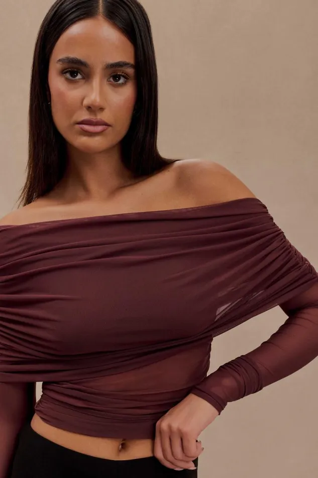 Women Meshki Tops Everly Sheer Mesh Off Shoulder Top 8211 Mahogany