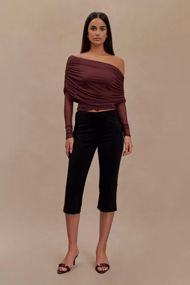 Women Meshki Tops Everly Sheer Mesh Off Shoulder Top 8211 Mahogany