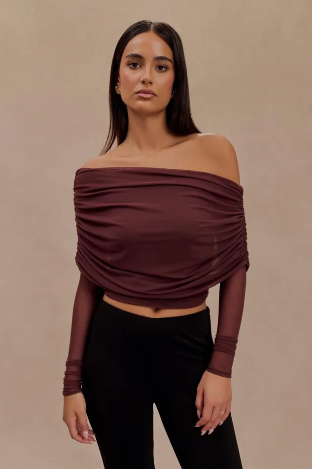 Women Meshki Tops Everly Sheer Mesh Off Shoulder Top 8211 Mahogany