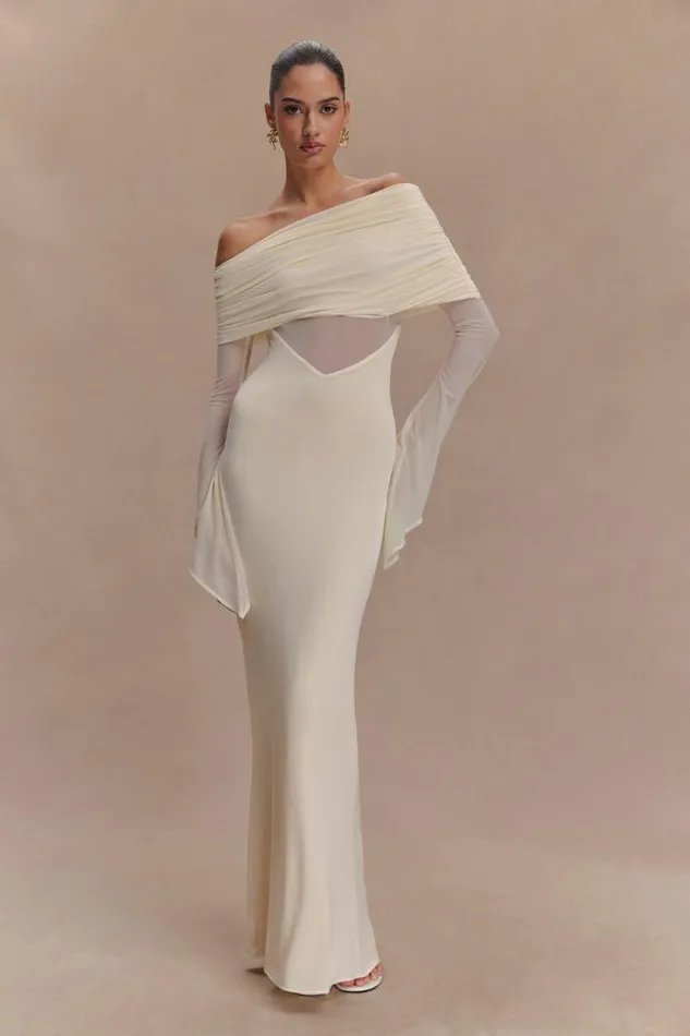 Women Meshki Tops Kaitlin One Shoulder Slinky And Mesh Maxi Dress 8211 Ivory