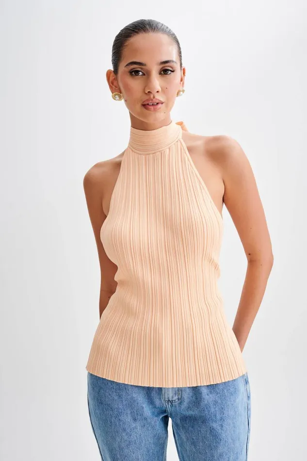 Women Meshki Tops Laila Longline Halter Rib Knit Top 8211 Light Peach
