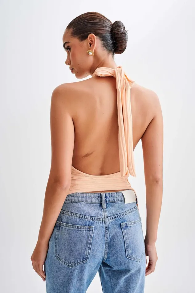 Women Meshki Tops Laila Longline Halter Rib Knit Top 8211 Light Peach
