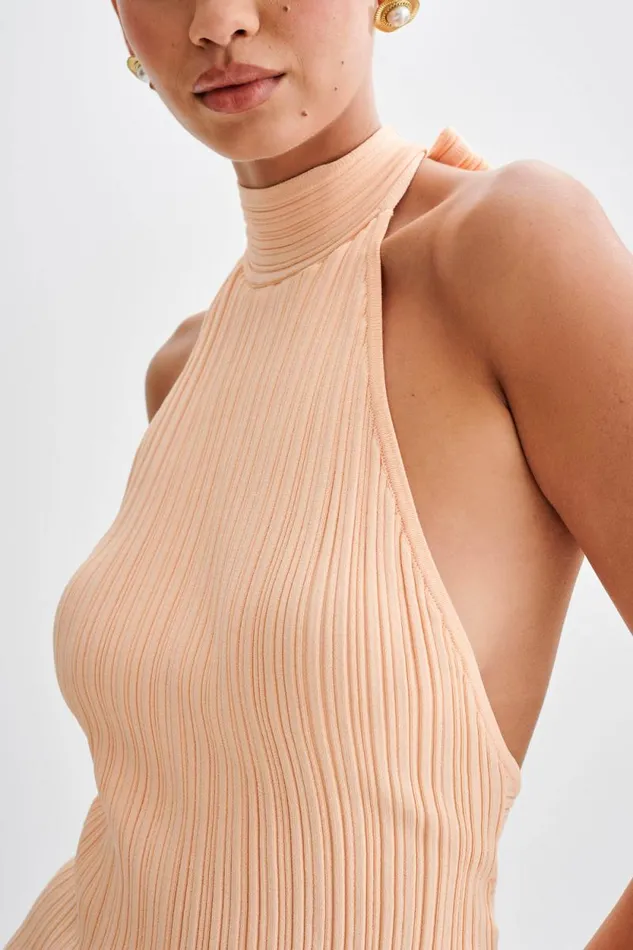 Women Meshki Tops Laila Longline Halter Rib Knit Top 8211 Light Peach