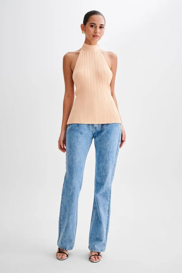 Women Meshki Tops Laila Longline Halter Rib Knit Top 8211 Light Peach