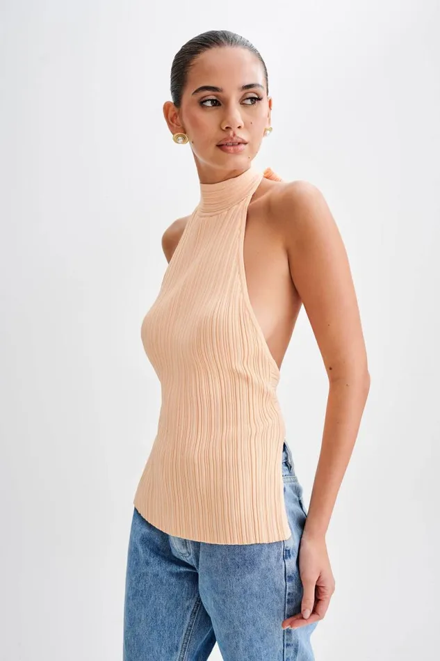 Women Meshki Tops Laila Longline Halter Rib Knit Top 8211 Light Peach