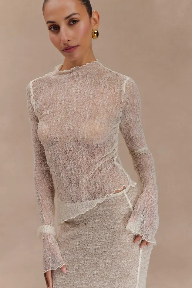 Women Meshki Tops Riley Sheer Lace Long Sleeve Top 8211 Ivory