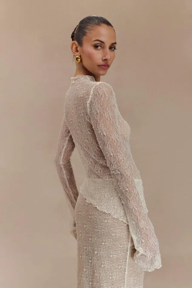 Women Meshki Tops Riley Sheer Lace Long Sleeve Top 8211 Ivory