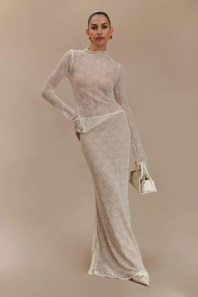 Women Meshki Tops Riley Sheer Lace Long Sleeve Top 8211 Ivory