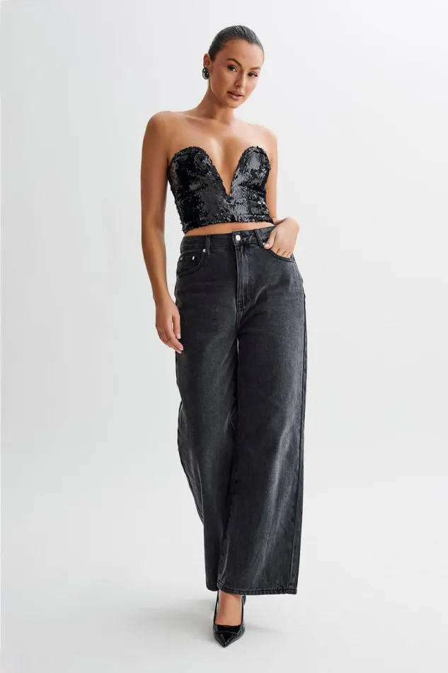 Women Meshki Tops Zariah Strapless Sequin V Corset 8211 Black