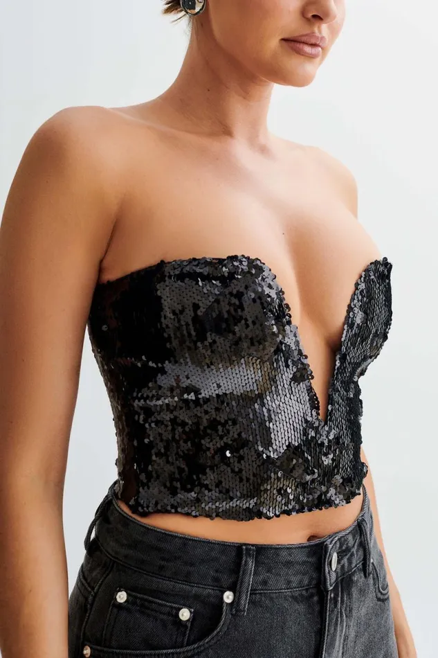 Women Meshki Tops Zariah Strapless Sequin V Corset 8211 Black