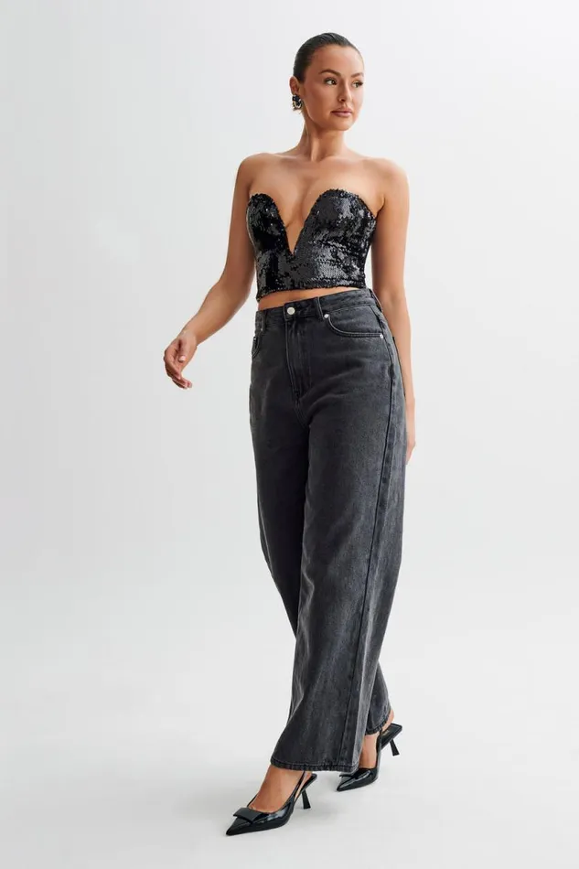 Women Meshki Tops Zariah Strapless Sequin V Corset 8211 Black