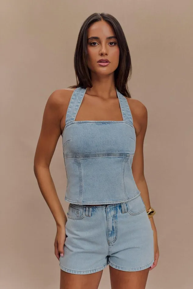 Women Meshki Two Piece Sets Tobias Denim Shorts 8211 Light Blue